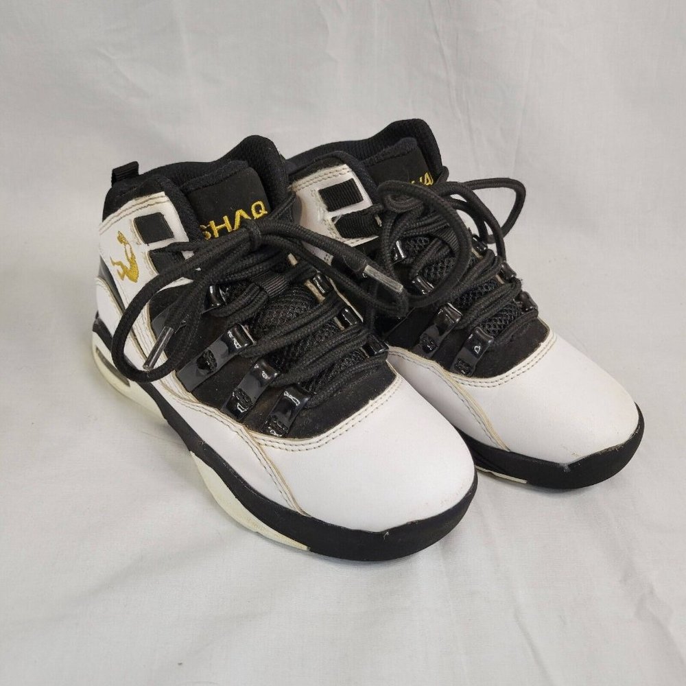 Shaq Boy’s Size 12 Full Press Athletic Basketball Sneakers White Black Gold shoe